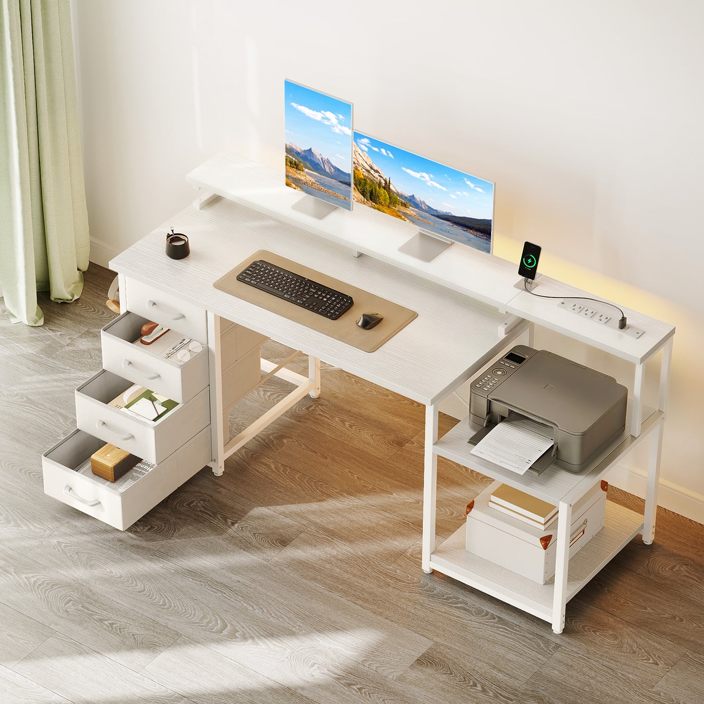 Casacomoda 55 Inch Computer Desk with USB Ports and Power Outlets, Printer Shelf, 4 Drawers & Storage Shelf, Home Office Desks, White