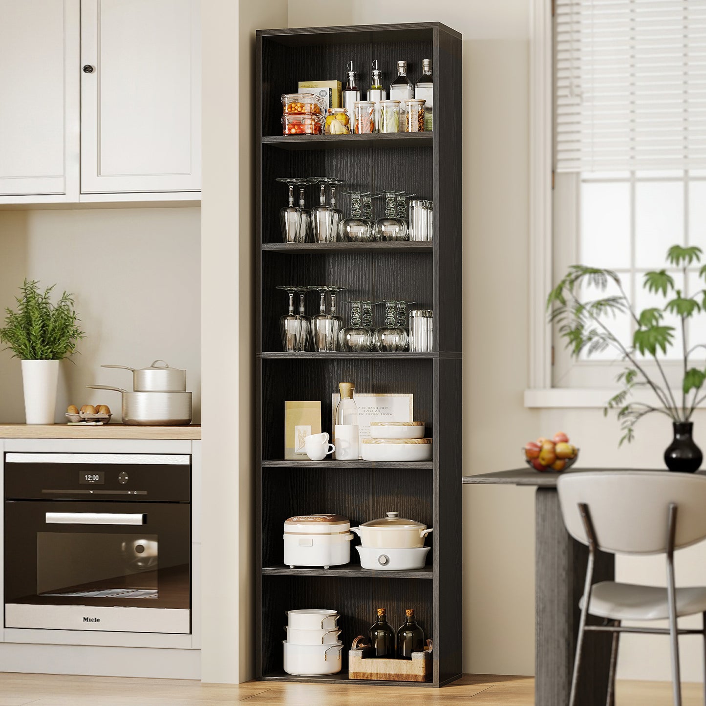 Casacomoda Tall Bookcase, Bookshelf, 6-Tier Display Storage Shelf, Space-Saving Bookshelf for Living Room, Bedroom, Home Office, Black