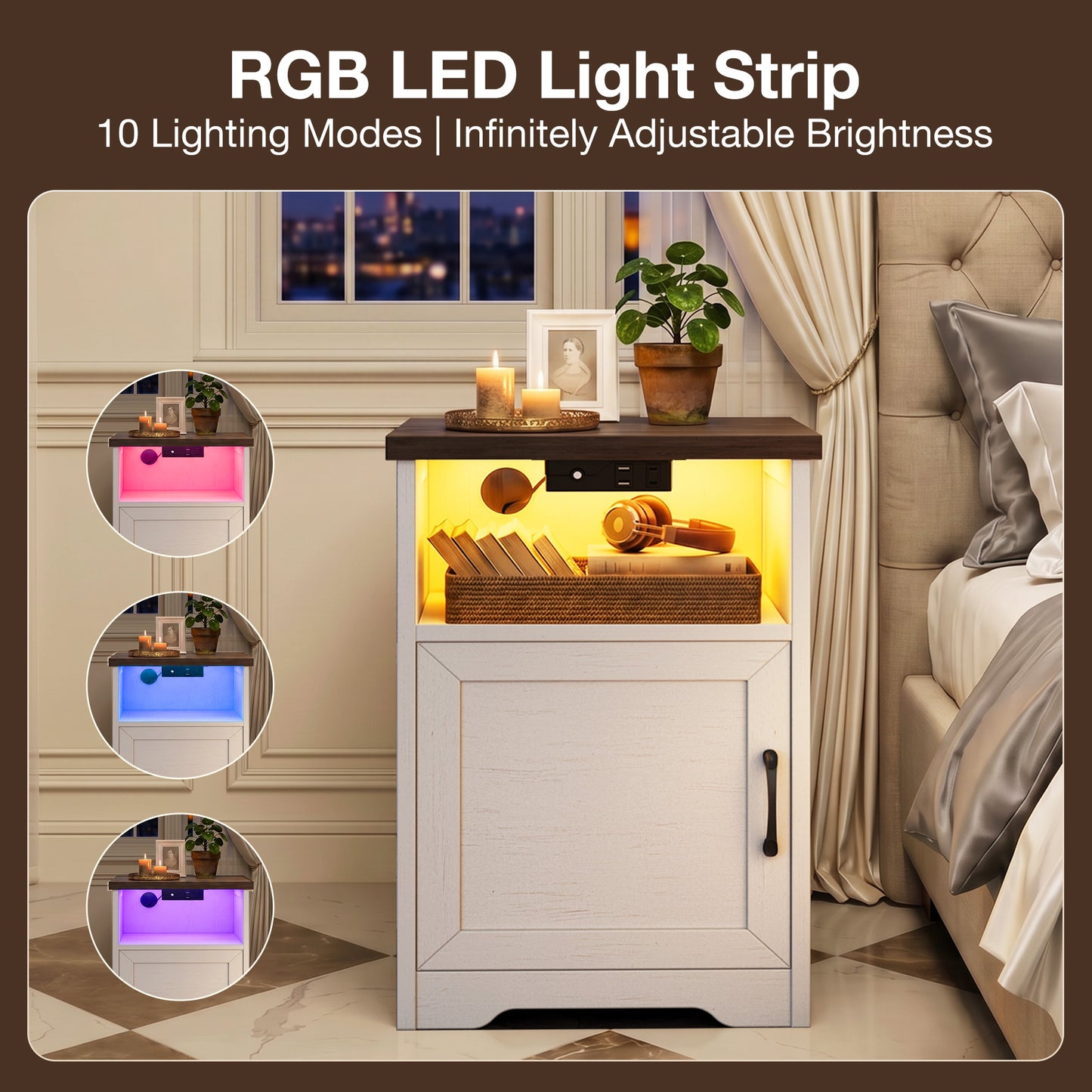 Nightstand for Bedroom, Farmhouse End Table Set of 2, Side Table with LED Light for Living Room, Bedside Table with 2 USB Ports and 1 Outlets, Set 2, Dark Walnut & White