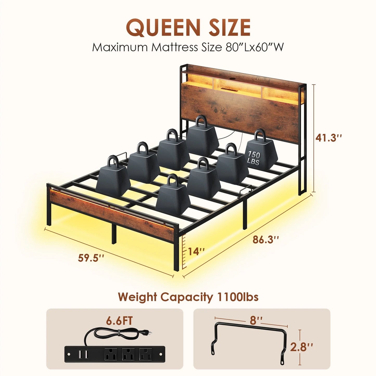 Queen Size Bed Frames, Storage Headboard with Charging Station, RGB Light Strips, Solid and Stable, Noise Free, No Box Spring Needed, Easy Assembly, Rustic Brown