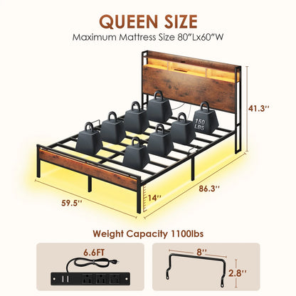 Queen Size Bed Frames, Storage Headboard with Charging Station, RGB Light Strips, Solid and Stable, Noise Free, No Box Spring Needed, Easy Assembly, Rustic Brown