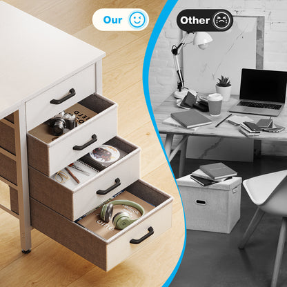 Casacomoda Small Computer Desk with 4 Fabric Drawers — Home Office Desks with Storage, Writing Desk with Side Hook and Cloth Bag, Study/Work Table for Bedroom and Small Space, White