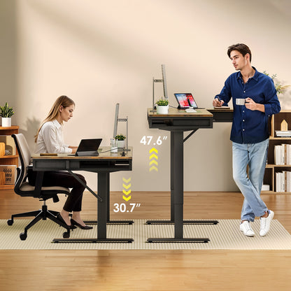 Electric Standing Desk with Drawers, 63 Inch Height Adjustable Desk with Power Outlets, Sit Stand Table, Writing Computer Desk for Home, Office, Workstation, Rustic Brown