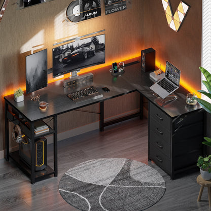 Reversible Modern Simple Style L Shaped Desk with Charging Station and Drawers, Pure Black