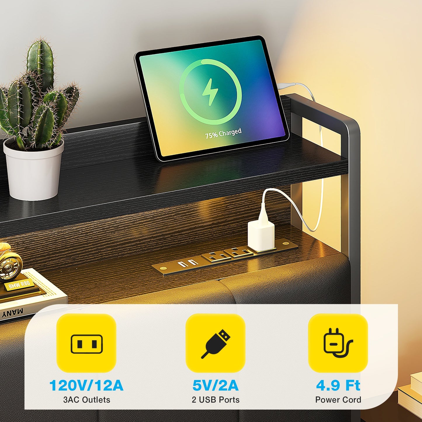 Bed Frame Twin Size with Storage Headboard, Upholstered Platform Bed with Charging Station and LED Light, Heavy Duty Frame Support, No Box Spring Needed, Noise Free, Black