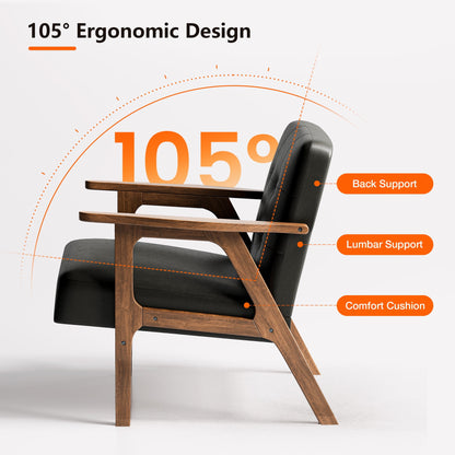 Casacomoda PU Leather Accent Chair Mid Century Comfy Cozy Chair with Solid Wood Legs, Modern Arm Reading Chair with Button Tufted Back for Living Room Bedroom, Black