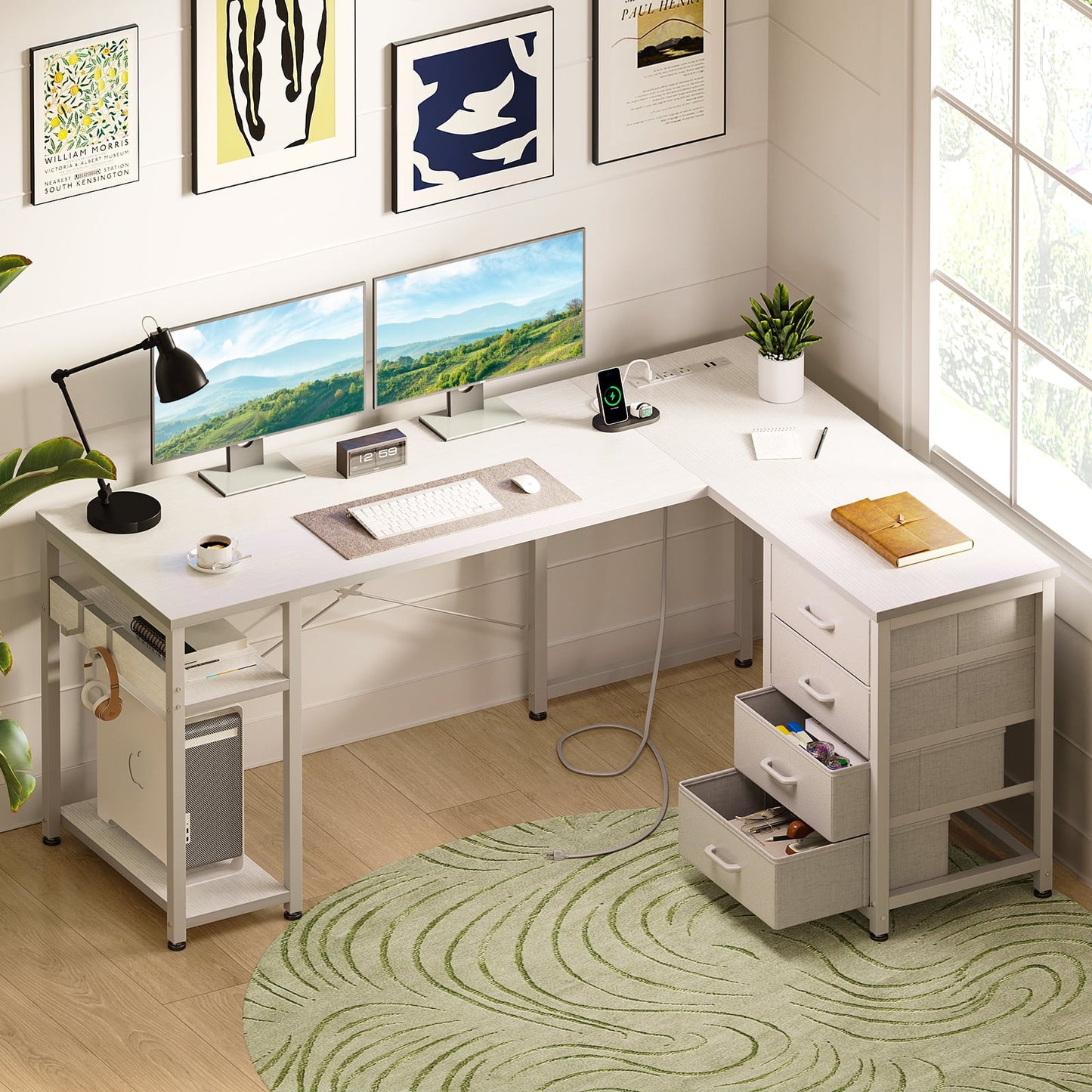 Reversible Modern Simple Style L Shaped Desk with Charging Station and Drawers, Pure White