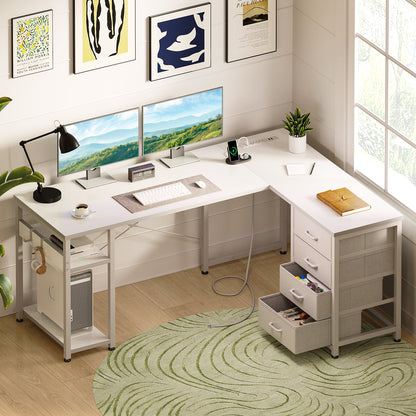 Reversible Modern Simple Style L Shaped Desk with Charging Station and Drawers, Pure White
