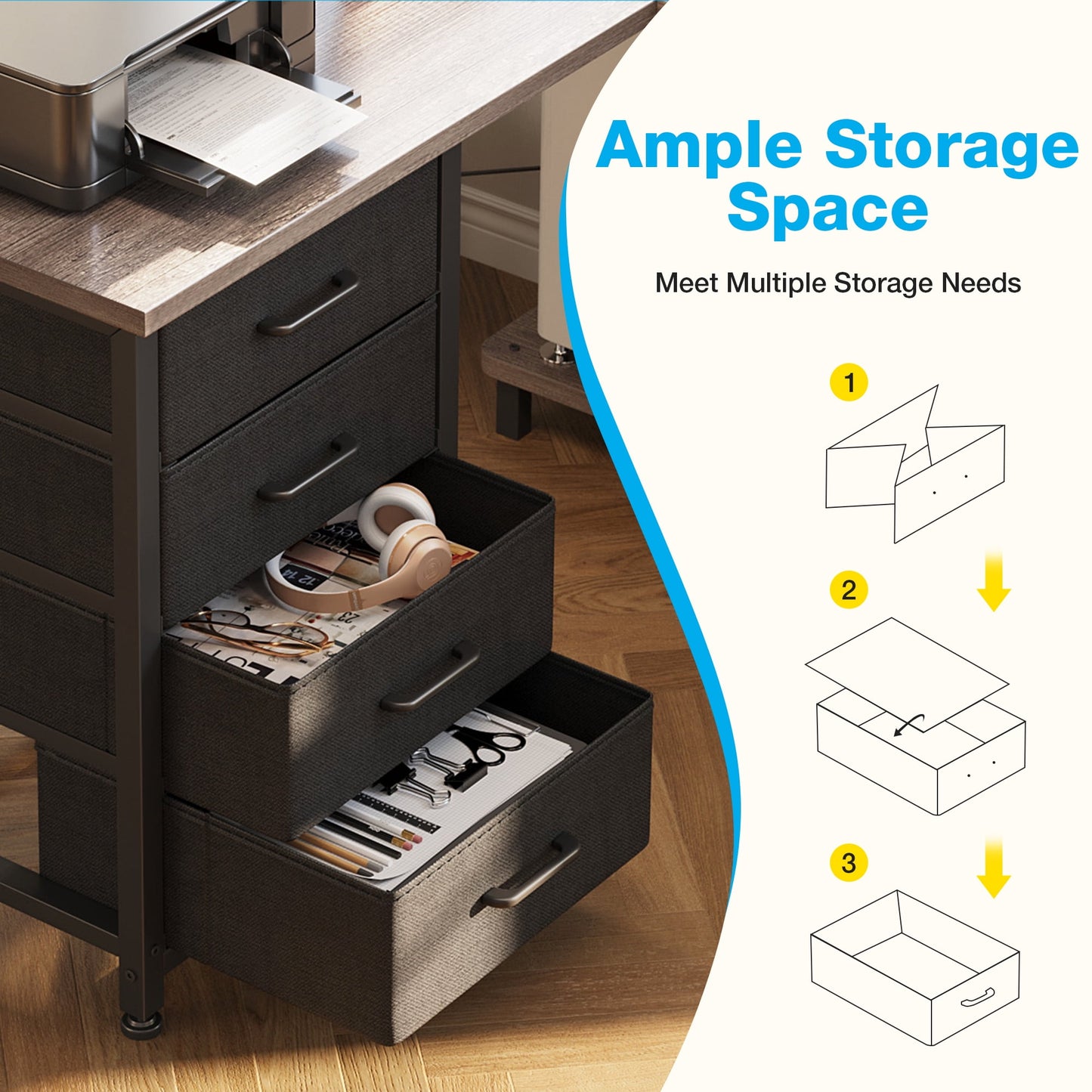 Casacomoda 53″ L-Shaped Desk with Power Outlets & USB, 4 Drawers and Hooks, Reversible Corner Computer Desk for Home Office or Gaming