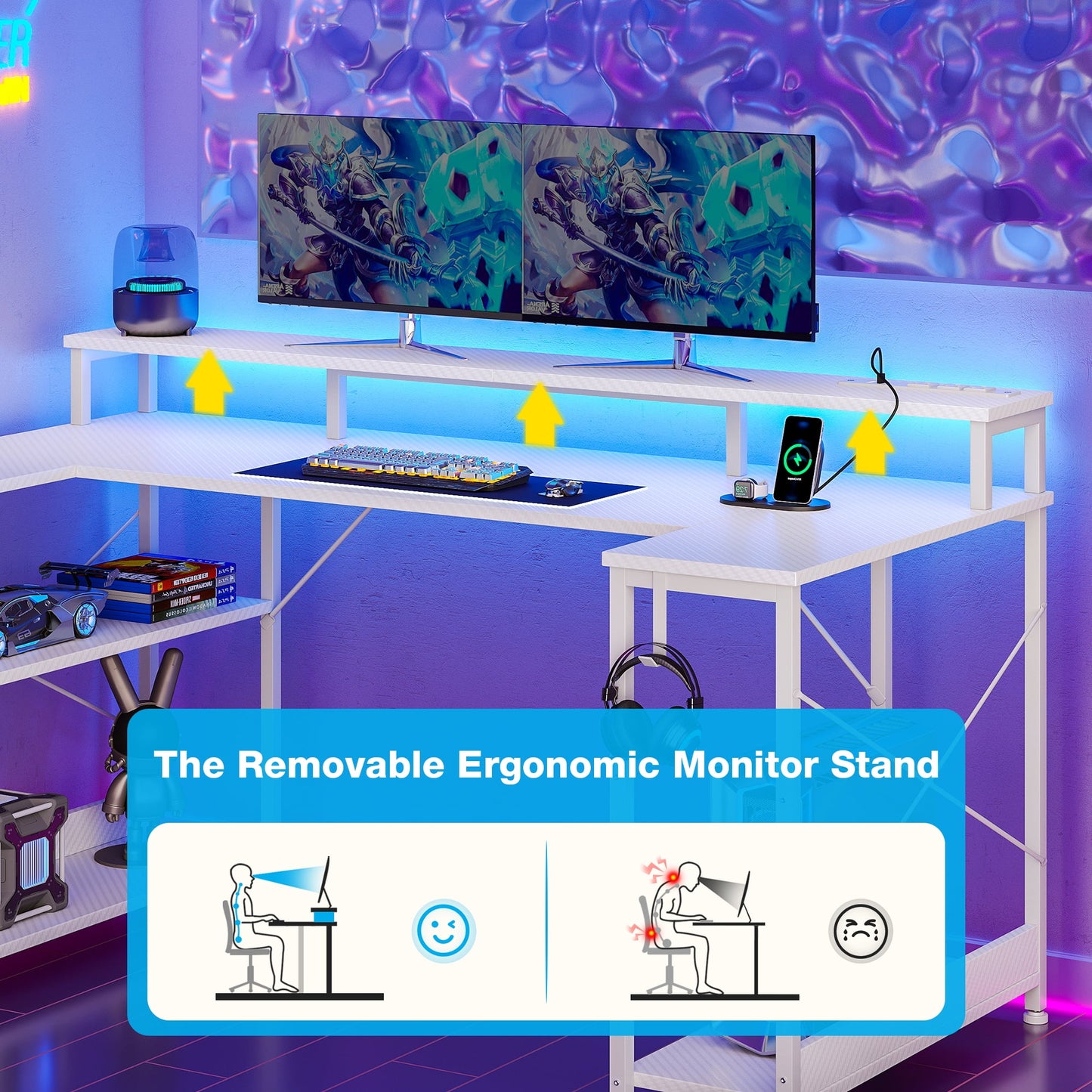 Casacomoda 48 inch U-Shaped Gaming Desk with Power Outlet & LED Lights, Home Ofiice Desk with Monitor Stand,Computer Desk with 4 Open Shelves, White