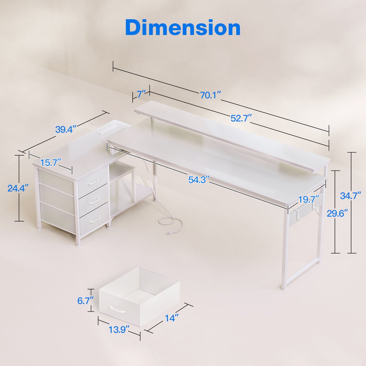 L-Shaped Desk with 3 Storage Drawers, Reversible Writing Desk with Flexible Frame, Computer Desk with Power Outlets, Monitor Stand, Iron Hook and Ladder Shelves,White