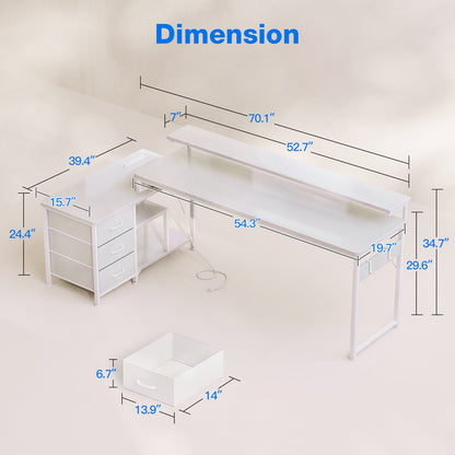 L-Shaped Desk with 3 Storage Drawers, Reversible Writing Desk with Flexible Frame, Computer Desk with Power Outlets, Monitor Stand, Iron Hook and Ladder Shelves,White