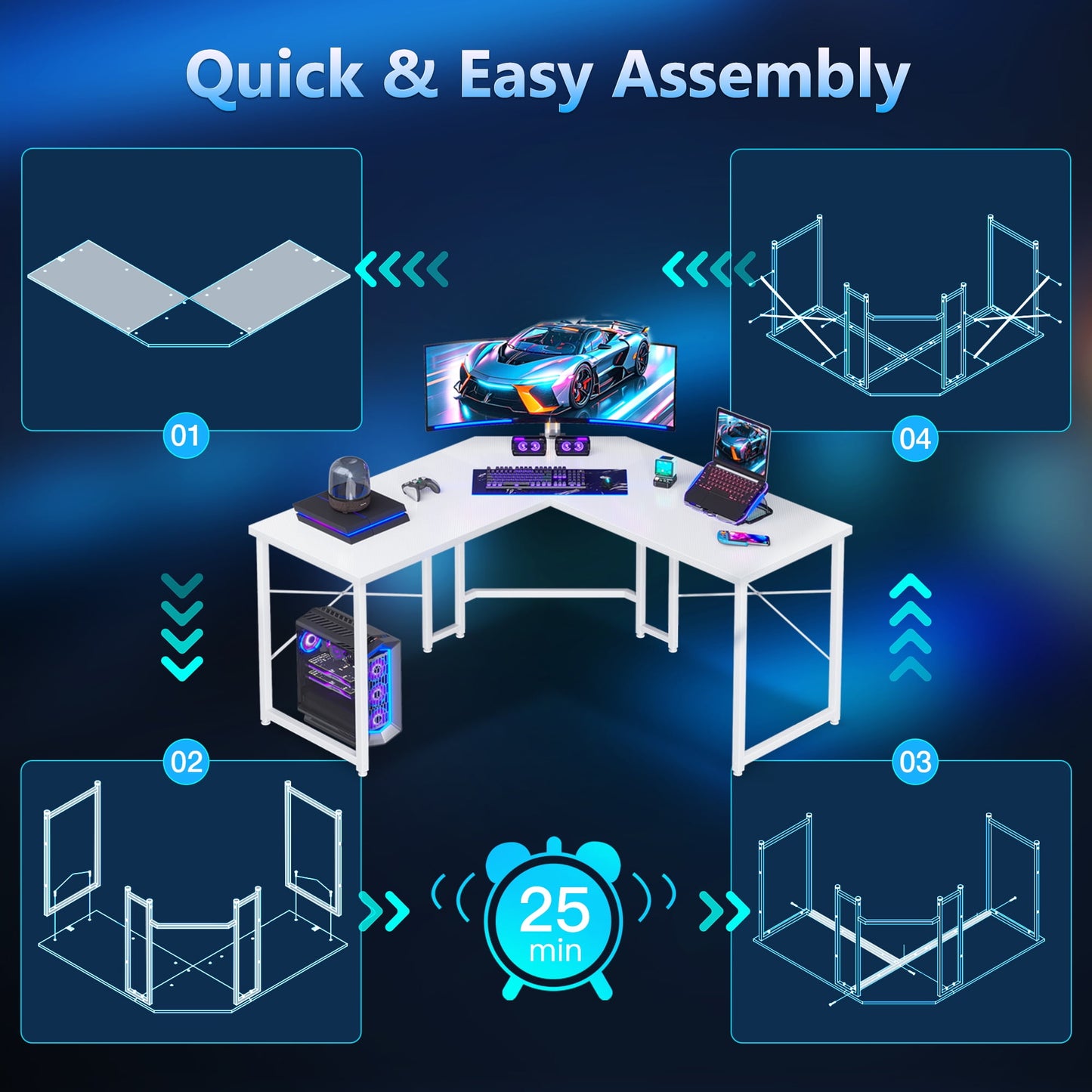 Casacomoda Computer Desk L Shaped, 51 Inch Reversible L Shaped Desk, Gaming Desk, Home Office Desk, Carbon Fiber White