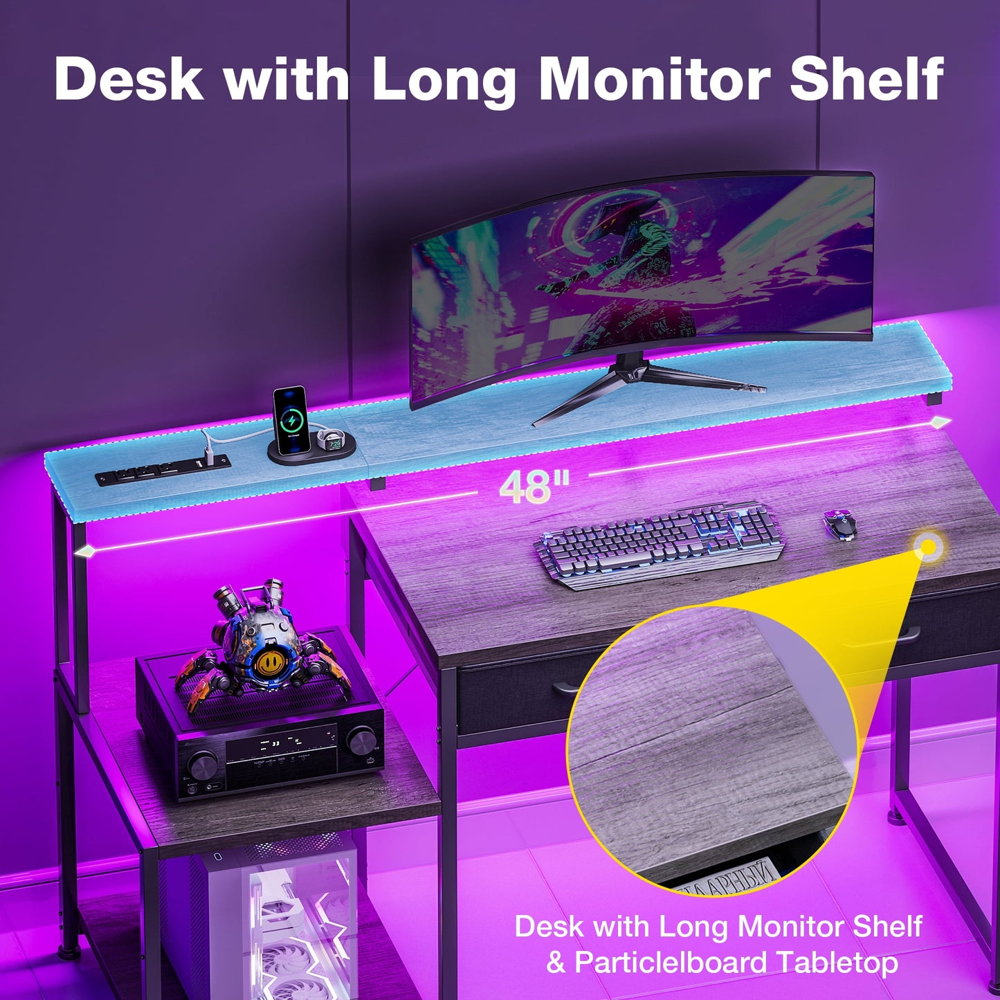 Casacomoda Computer Desk, 48 Inch Gaming Desk with Led Lights & Power Outlet, Home Office Desk with Monitor Shelf, Reversible Desk with Printer Stands, Grey