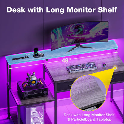 Casacomoda Computer Desk, 48 Inch Gaming Desk with Led Lights & Power Outlet, Home Office Desk with Monitor Shelf, Reversible Desk with Printer Stands, Grey