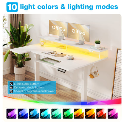 Casacomoda 55 inch U Shaped Electric Standing Desk with Keyboard Tray, Height Adjustable Desk with Power Outlets & LED Lights, Sit Stand Table with Monitor Stand for Home, Office, White