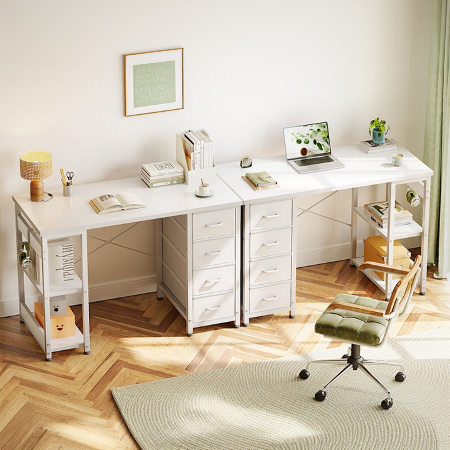 Casacomoda Computer Desk with Drawers & Storage Shelves, 40 Inch Corner Desk for Home Office Bedroom, Small Teen PC Desks with Fabric Drawer, White