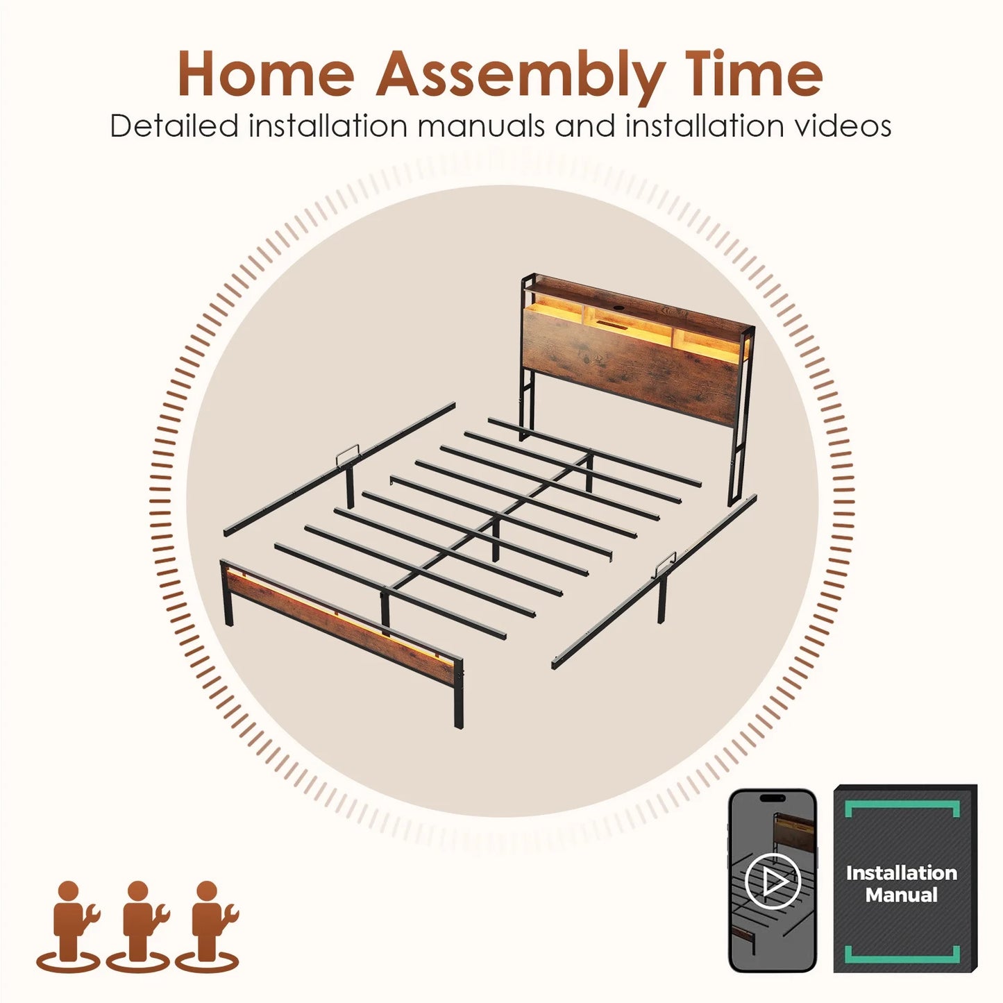 Queen Size Bed Frames, Storage Headboard with Charging Station, RGB Light Strips, Solid and Stable, Noise Free, No Box Spring Needed, Easy Assembly, Rustic Brown