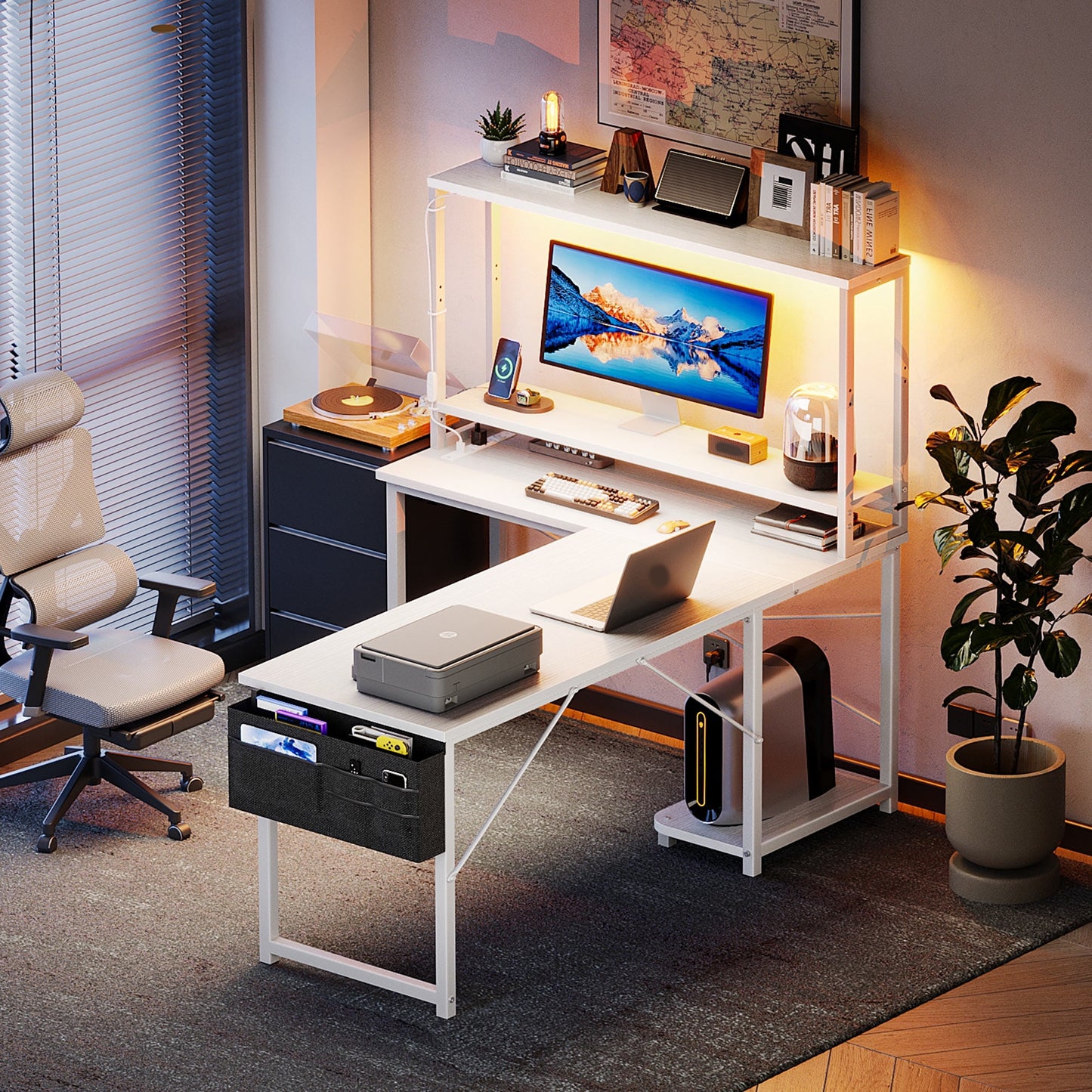 Casacomoda 53 Inch L Shaped Desk with LED Light & Power Outlet, Reversible L Shaped Computer Table with Shelf & Storage Bag & Hook for Home Office, White