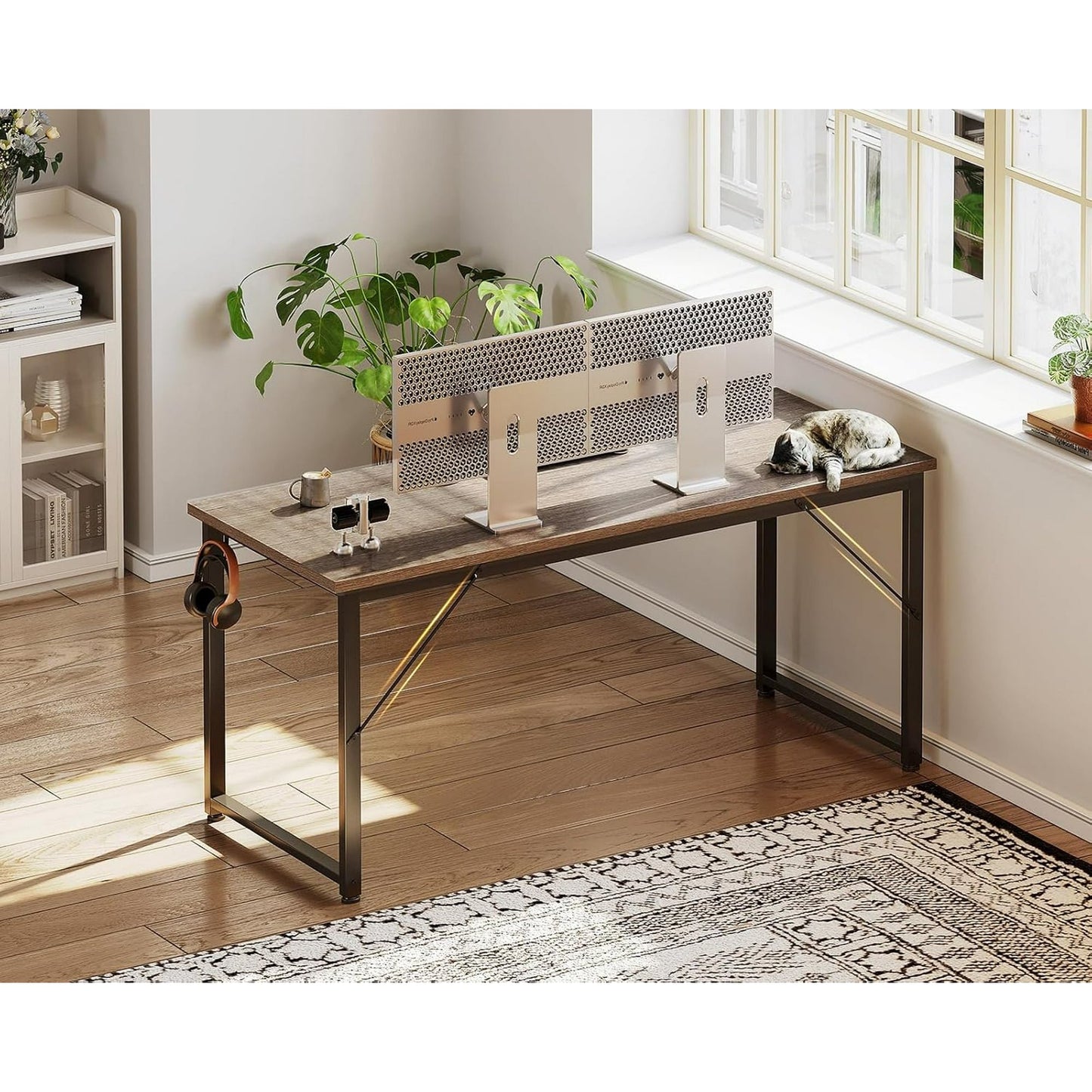 Casacomoda 54 inch Computer Desk with Headphone Hooks, Home Office Desk for Large Spaces, Simple Modern Desk for Studying & Writing, Grey Oak