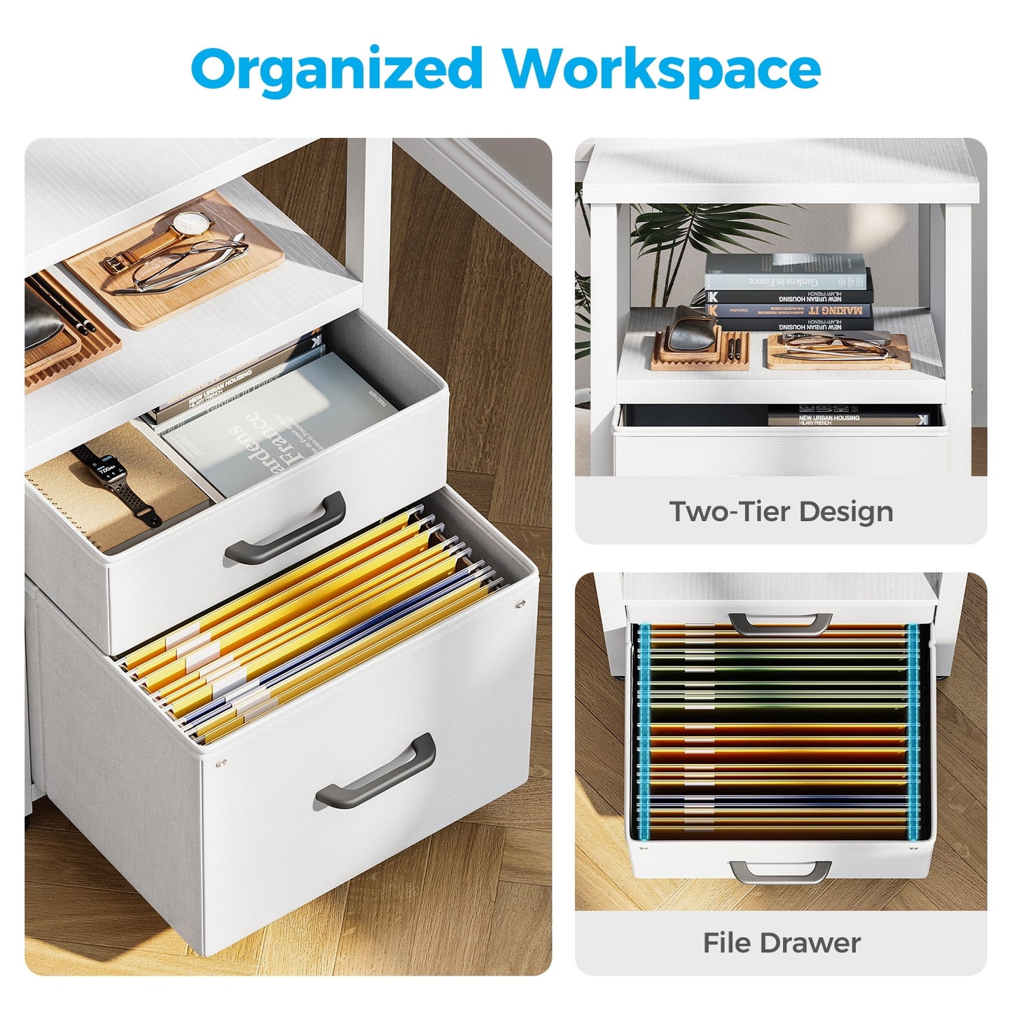 Casacomoda 55 inch Computer Desk with 5 Drawers and File Cabinet for Storage, Office Desk with Storage Shelf & Power Outlets, Home Office Desks, White