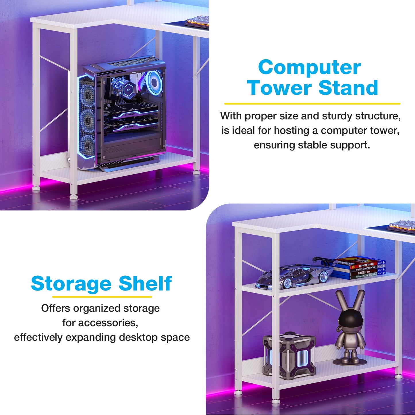 Casacomoda 48 inch U-Shaped Gaming Desk with Power Outlet & LED Lights, Home Ofiice Desk with Monitor Stand,Computer Desk with 4 Open Shelves, White