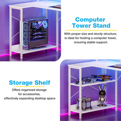 Casacomoda 48 inch U-Shaped Gaming Desk with Power Outlet & LED Lights, Home Ofiice Desk with Monitor Stand,Computer Desk with 4 Open Shelves, White