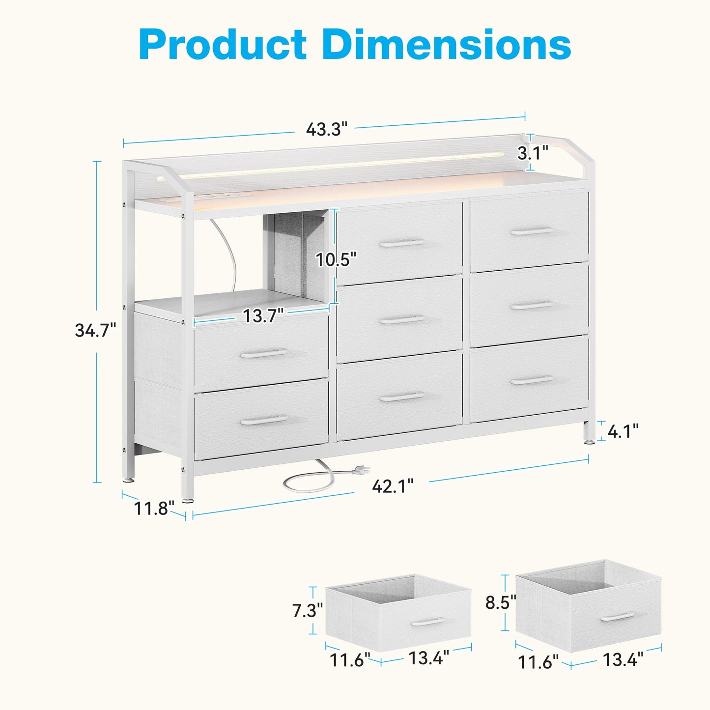 KKL Dresser with LED Lights and Charging Station, 44 inch Dresser for Bedoom with 8 Storage Drawers & Open Shelves, White