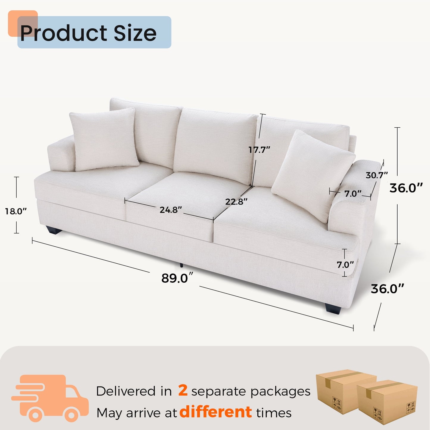 Casacomoda 89" Modern 3-Seater Sofa, Comfy Couches for Living Room, Chenille Sofas for Small Space, Easy Assembly, Beige