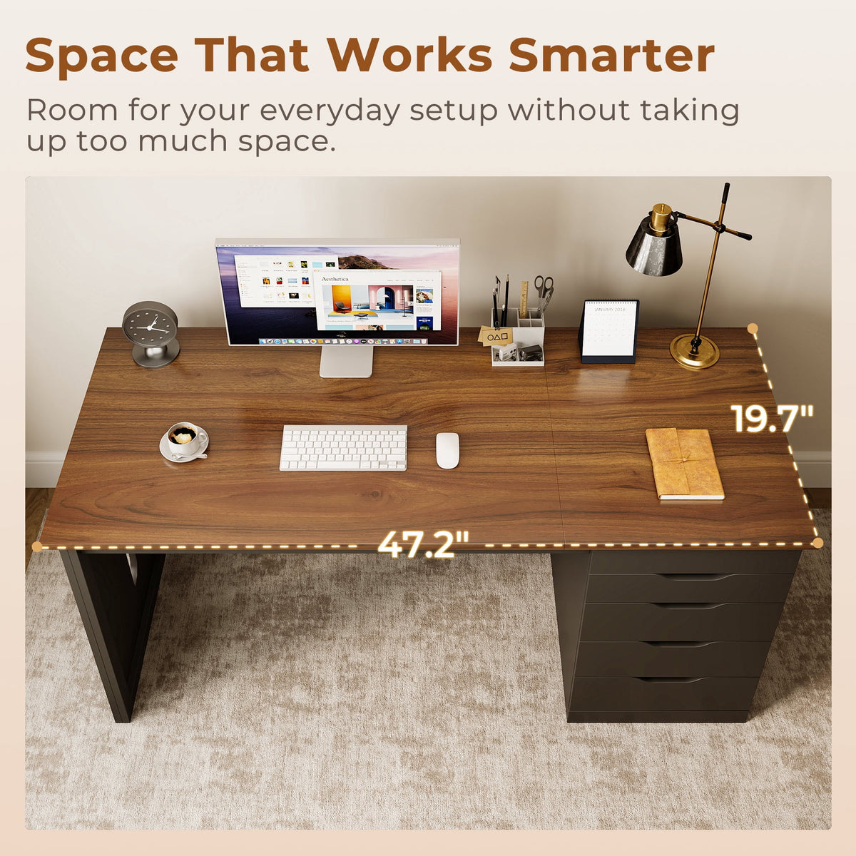 Casacomoda 47” Home Office Desk with 5 Drawers, Compact Writing Desk with Storage, Modern Computer Desk for Bedroom, Study Room and Small Spaces