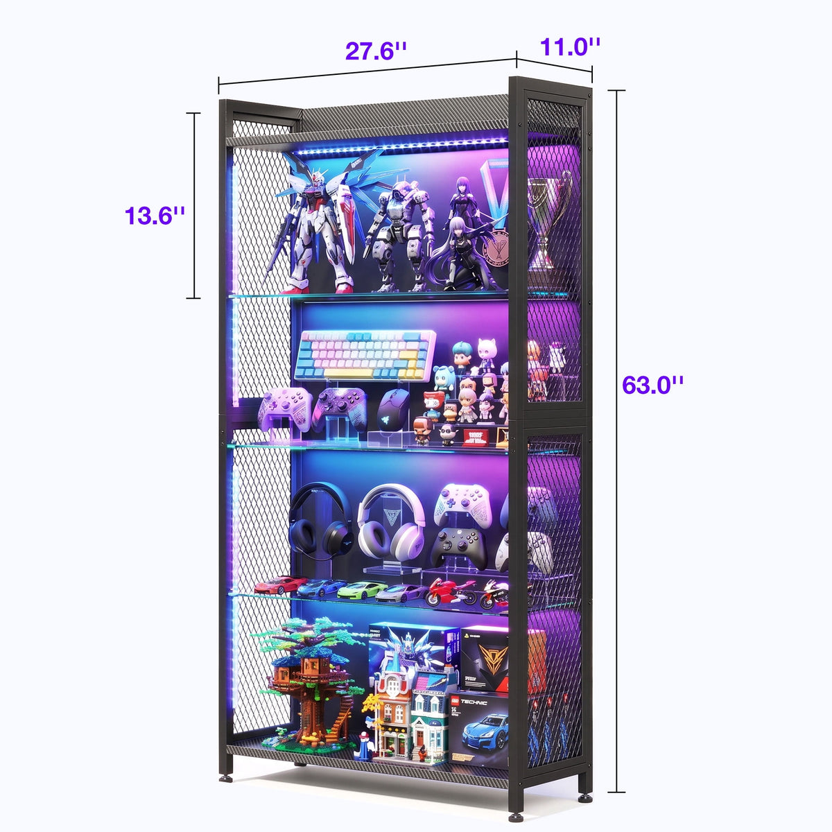 Casacomoda RGB Gaming Glass Display Case for Collectibles, Music Sync Lighted Display Shelf with 4+1 Shelves, 5-Strip LED with Controller, Display Cabinet for Figures, Game Setup& Curio, Black