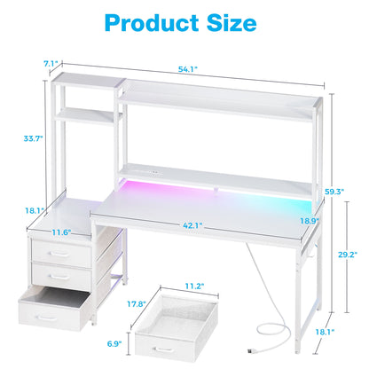 Casacomoda 55 inch Gaming Desk with LED Lights & Power Outlets, Home Office Desk with Reversible Storage Drawers & Monitor Shelves,White