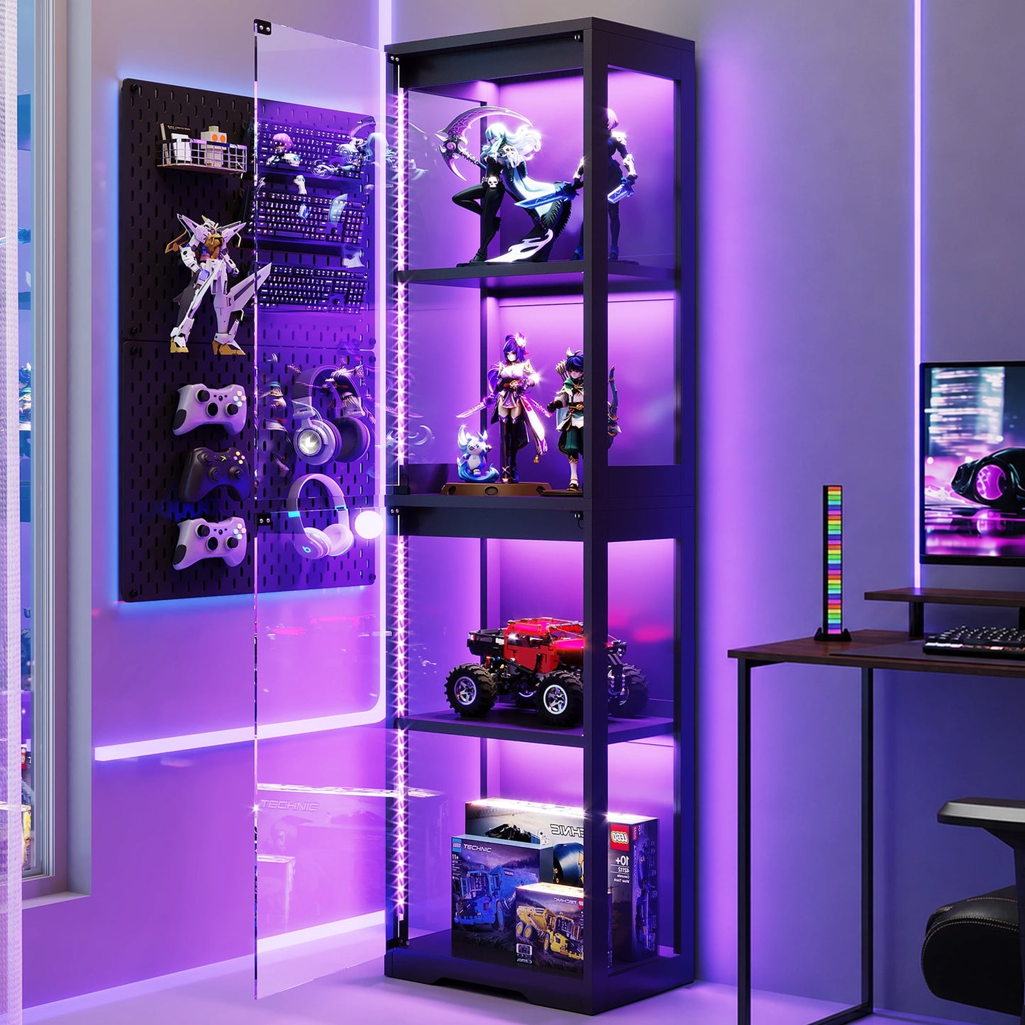 Casacomoda 4-Tier Gaming Display Cabinet with RGB Lights, Glass Door Corner Display Case & Curio Cabinet, for Collectibles, Models, Lego Display Shelf, Black