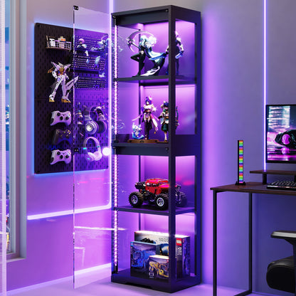 Casacomoda 4-Tier Gaming Display Cabinet with RGB Lights, Glass Door Corner Display Case & Curio Cabinet, for Collectibles, Models, Lego Display Shelf, Black