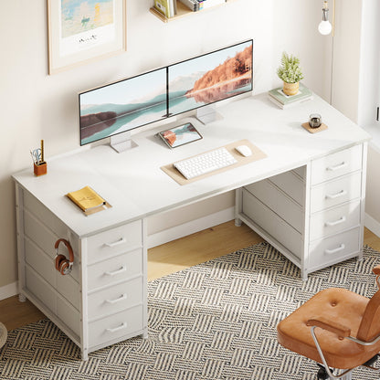 White Computer Desk with Drawers for Storage - 55 inch Home Office Desk with 8 Fabric Drawers, Writing Study Desk with Drawers on Both Sides for Bedroom