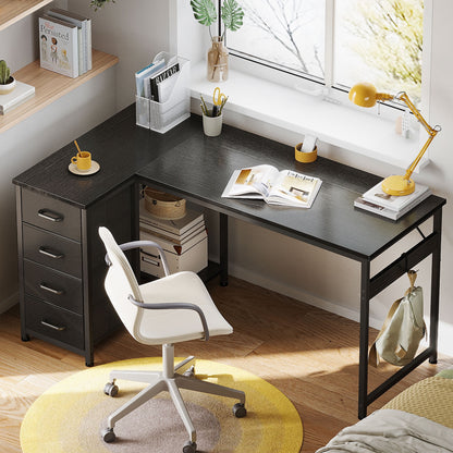 48 inch Computer Desk with 4 Fabric Drawers — Home Office Desks with Storage, Writing Desk with Side Hook, Desk Study/Work Table for Bedroom and Small Space, Black