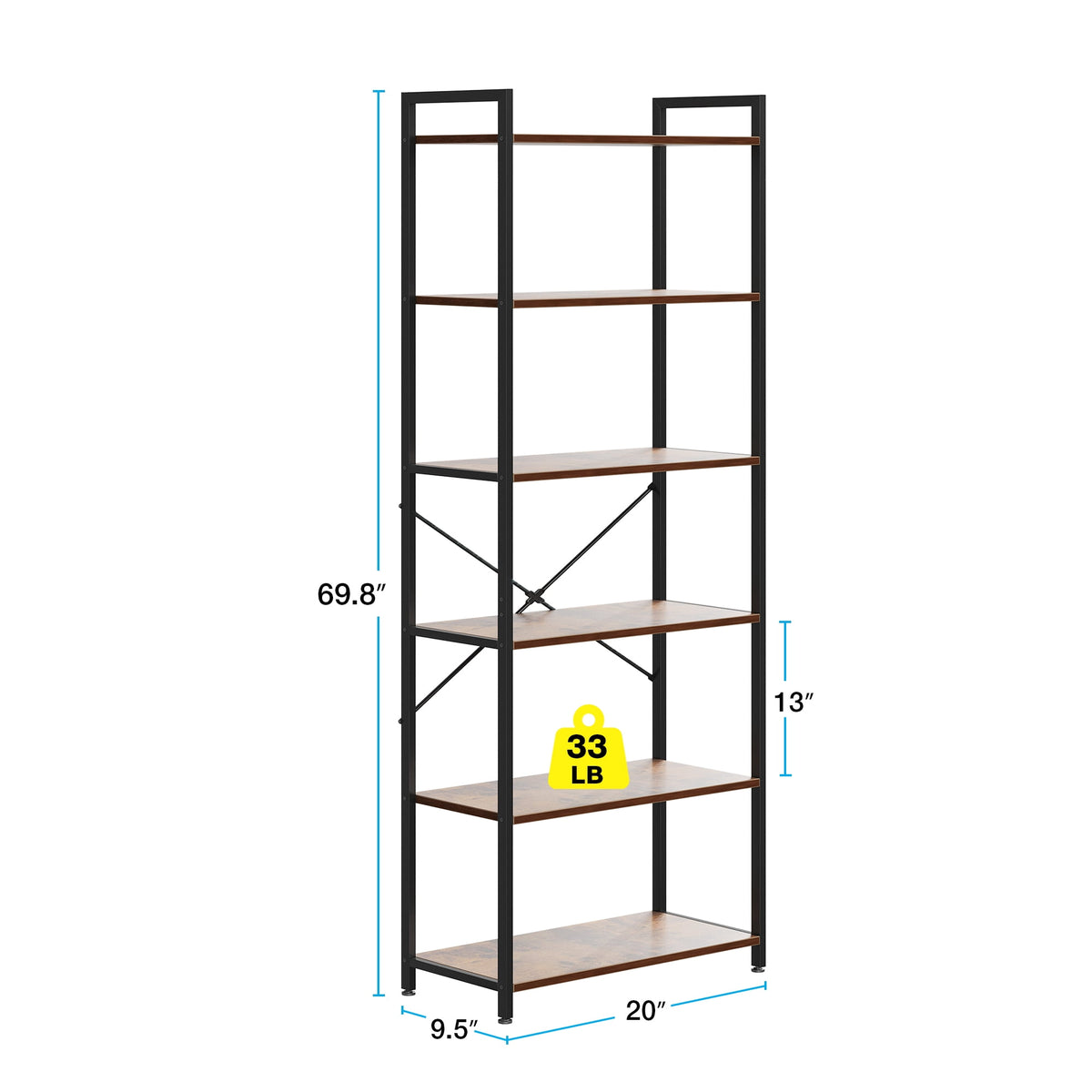 Casacomoda 6-Tier Tall Bookshelf, Large Bookcase with Steel Frame, Deep Book Shelf for Living Room, Home Office, Study, Industrial Style, Vintage