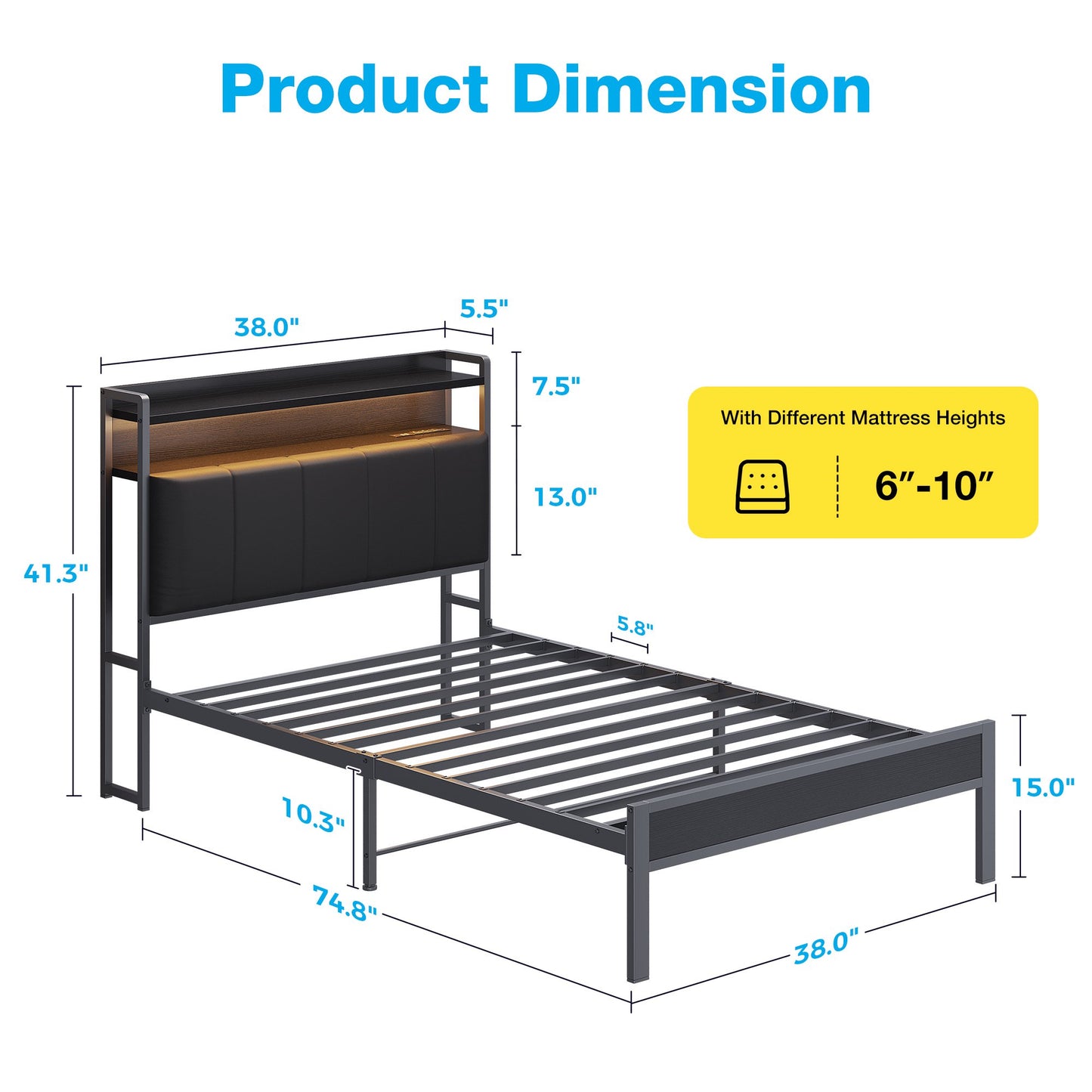 Bed Frame Twin Size with Storage Headboard, Upholstered Platform Bed with Charging Station and LED Light, Heavy Duty Frame Support, No Box Spring Needed, Noise Free, Black