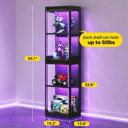 Casacomoda 4-Tier Gaming Display Cabinet with RGB Lights, Glass Door Corner Display Case & Curio Cabinet, for Collectibles, Models, Lego Display Shelf, Black