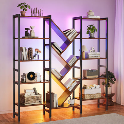 Triple 5-Tier Bookshelf with LED Lights for Living Room, 17 Open Shelves Large Bookcase with App Control RGB Light Strip, Modern Tree Design Storage Shelf with Metal Frame, Vintage