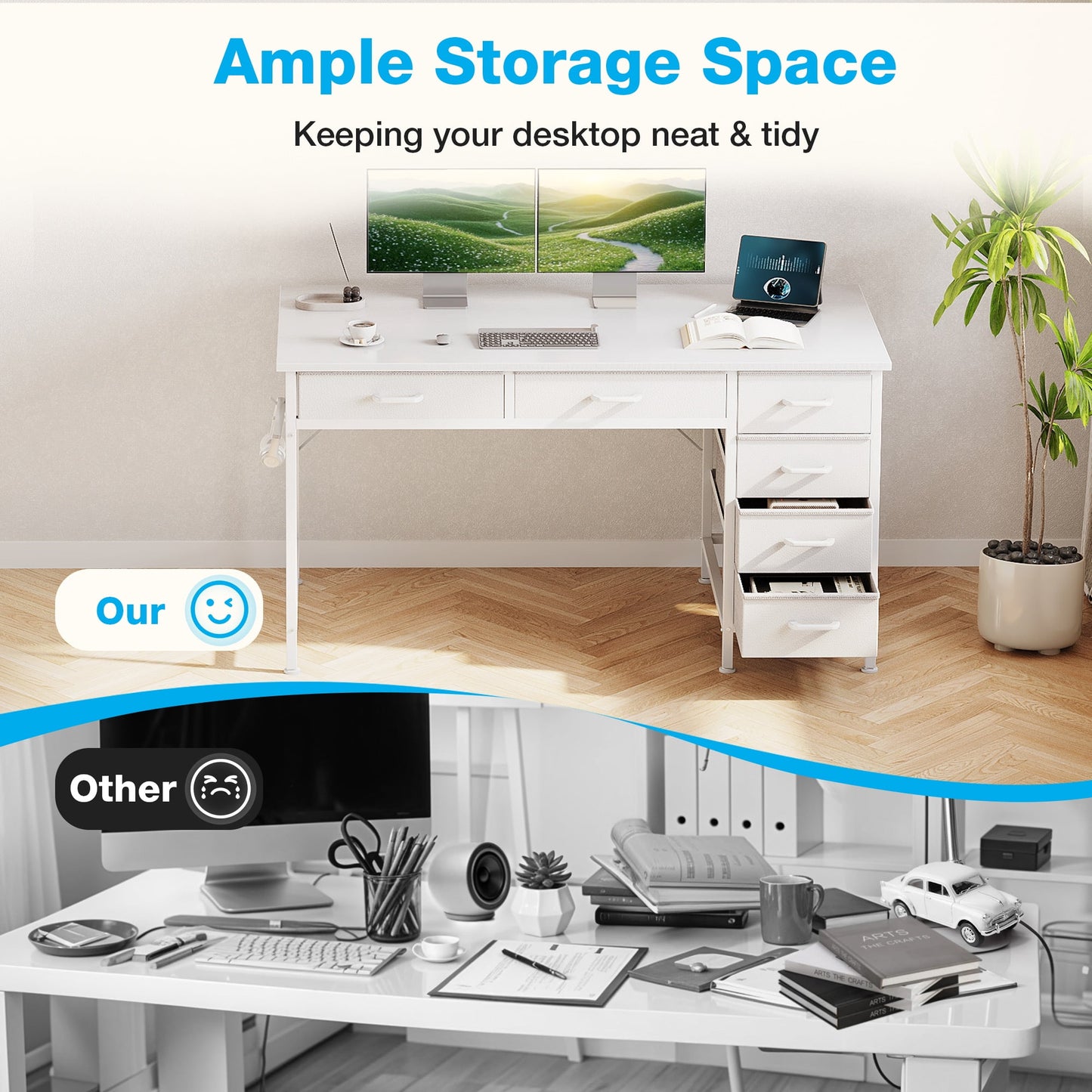 Casacomoda 48" Home Office Desk with 6 Drawers, Modern Computer Desk with Small Space, Corner Computer Desk, Pure White