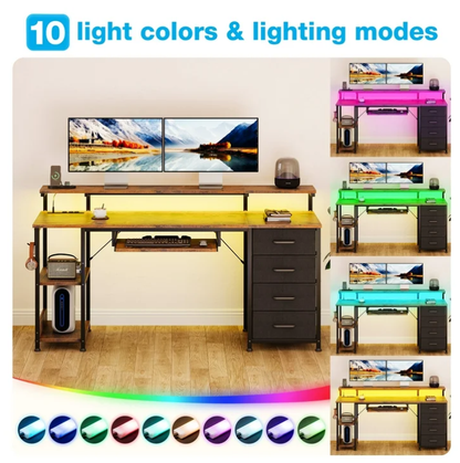Casacomoda 55 inch Office Desk with Power Outlet and Adjustable Monitor Stand, Computer Desk with Fabric Drawer and Keyboard Tray, Gaming Desk with LED Light & PC Stand, Vintage