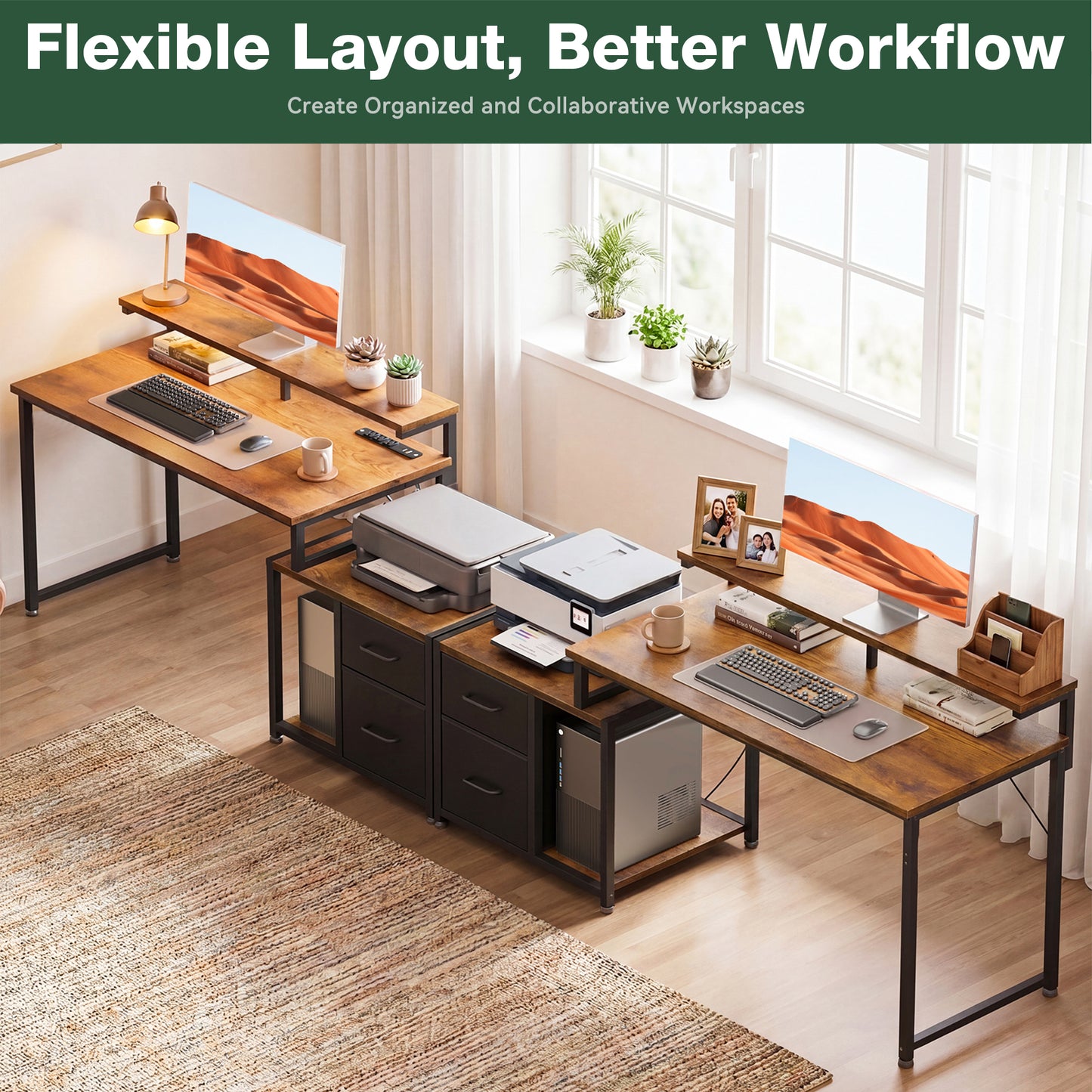 Casacomoda 55 Inch Computer Desk with Drawers & Printer Shelf, Reversible Office Desk with Charging Station, Monitor Stand and CPU Stand, Vintage and Black