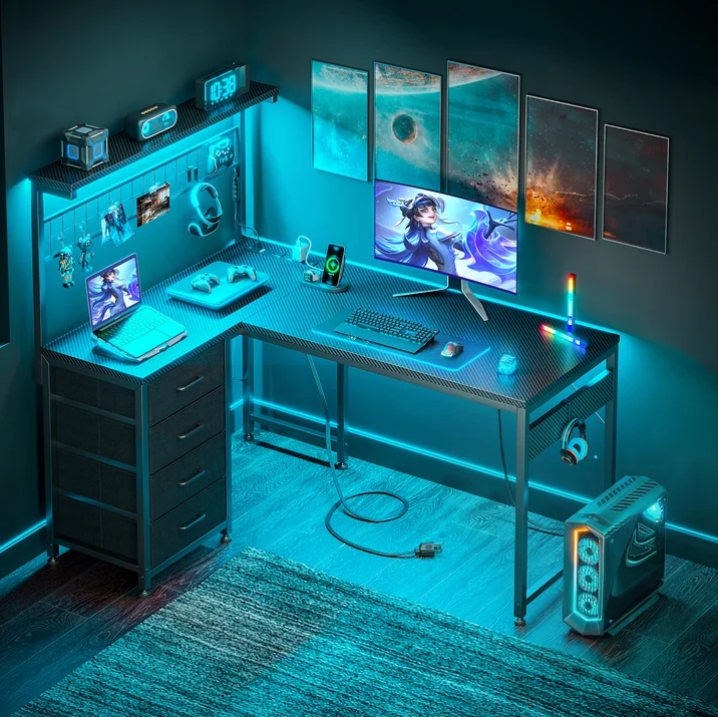 Casacomoda 43 inch L Shaped Desk with 4 Storage Drawers, Reversible L Shaped Gaming Desk with Power Outlets & LED Lights, Computer Desk with Movable CPU Stand & Hutch for Home Office, Black