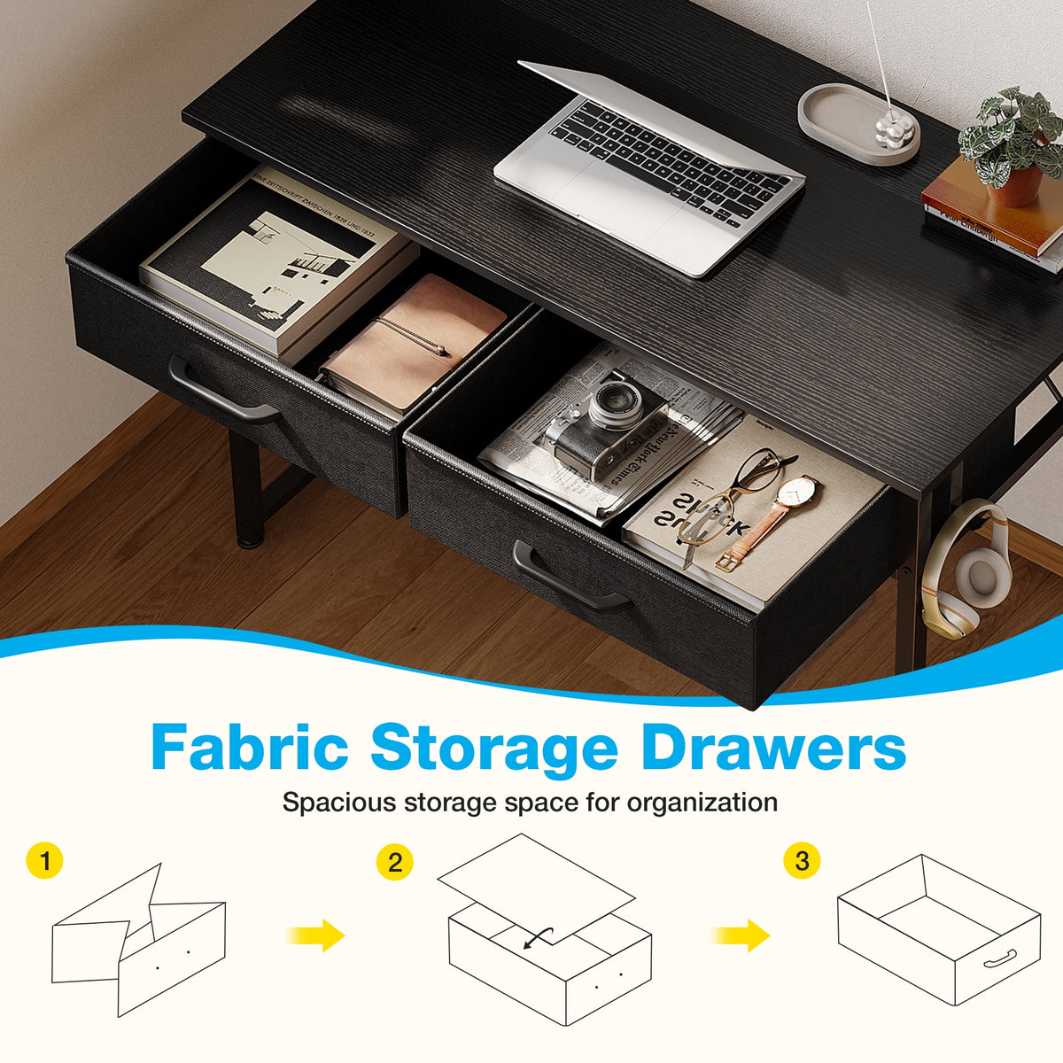 Casacomoda 32 Inch Writing Desk with 2 Fabric Drawers, Modern Study Table with Storage, Small Computer Desk for Small Space, Home Office Desk, Black