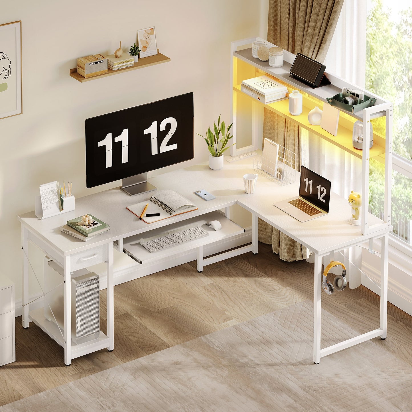 59" Reversible L-Shaped Gaming Desk with Power Outlets & LED Lights, Office Desk with Storage Drawer & Keyboard Tray for Home Office, Corner Computer Desk with Hutch, White