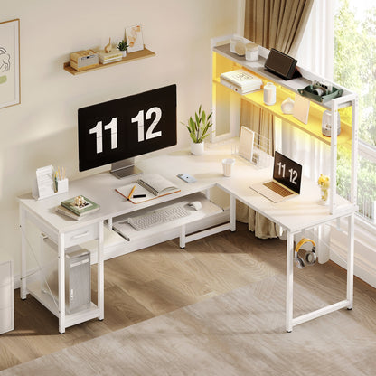 59" Reversible L-Shaped Gaming Desk with Power Outlets & LED Lights, Office Desk with Storage Drawer & Keyboard Tray for Home Office, Corner Computer Desk with Hutch, White