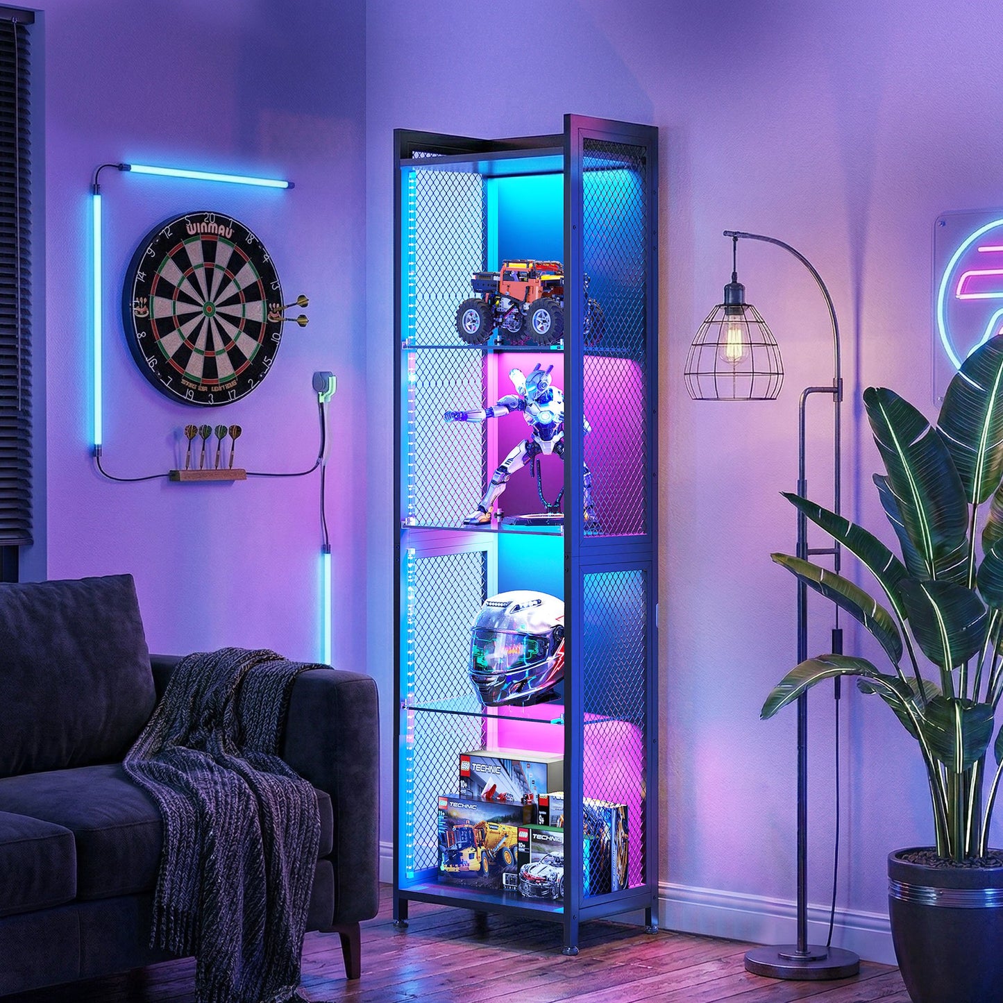 Casacomoda 4-Tier LED Display Cabinet, Gaming Glass Shelf Curio Cabinet with RGB Lights, Open Glass Corner Storage Shelf for Collectibles, Figures, Gaming Room & Living Room, Black