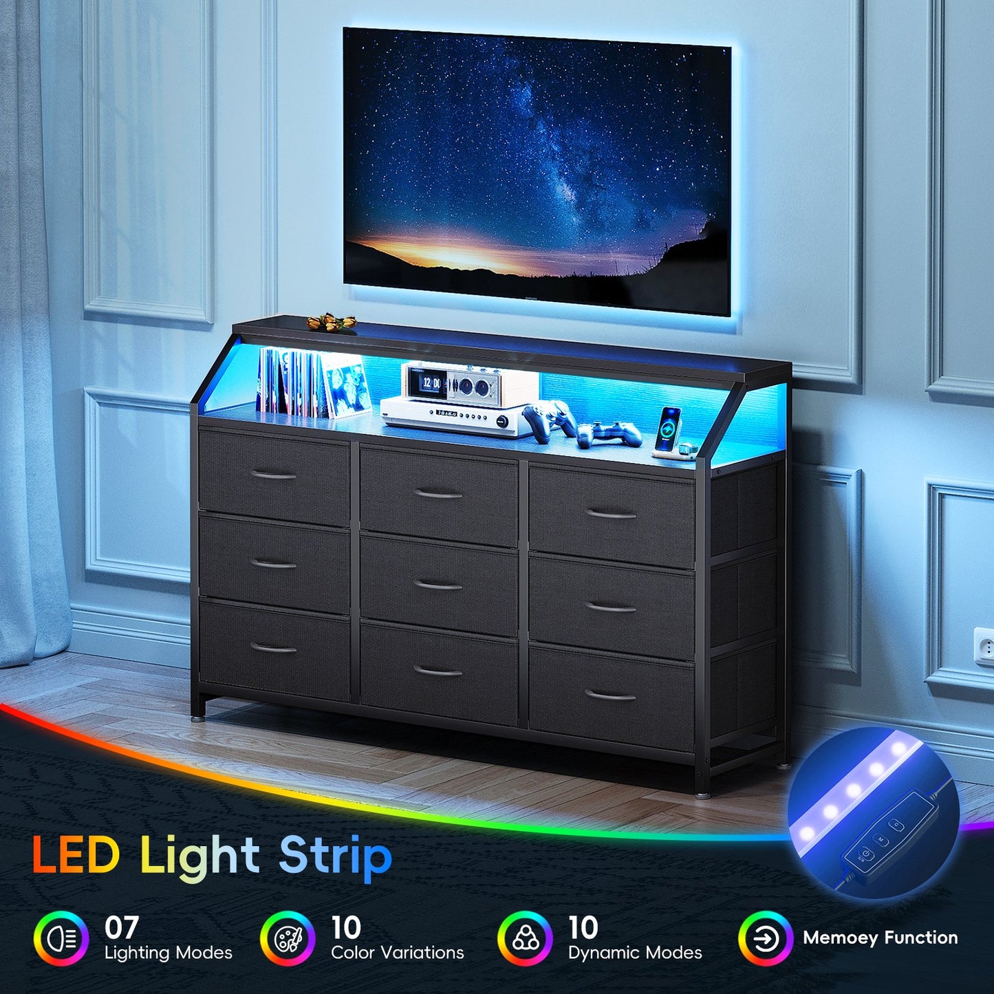 Casacomoda 55 inch Dresser with LED Lights, Dresser for Bedroom with 9 Storage Drawers, Black