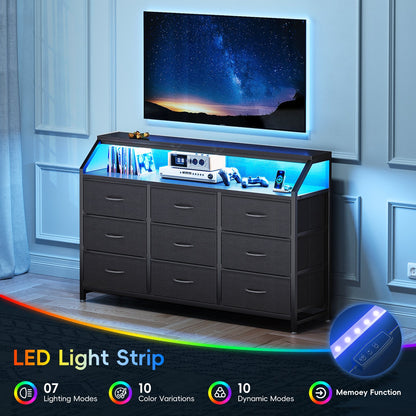 Casacomoda 55 inch Dresser with LED Lights, Dresser for Bedroom with 9 Storage Drawers, Black